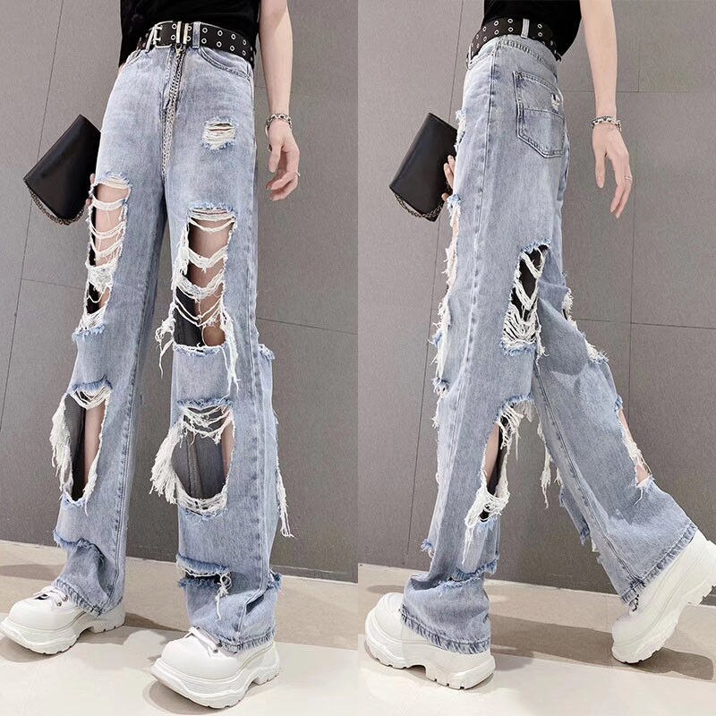 Xpqbb Vintage Hole Straight Jeans Women 2022 Summer Autumn High Waist Wide Leg Pants Woman Fashion Streetwear Long D